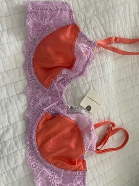Anthropologie Lavender Lace Bra with Coral Satin Cups